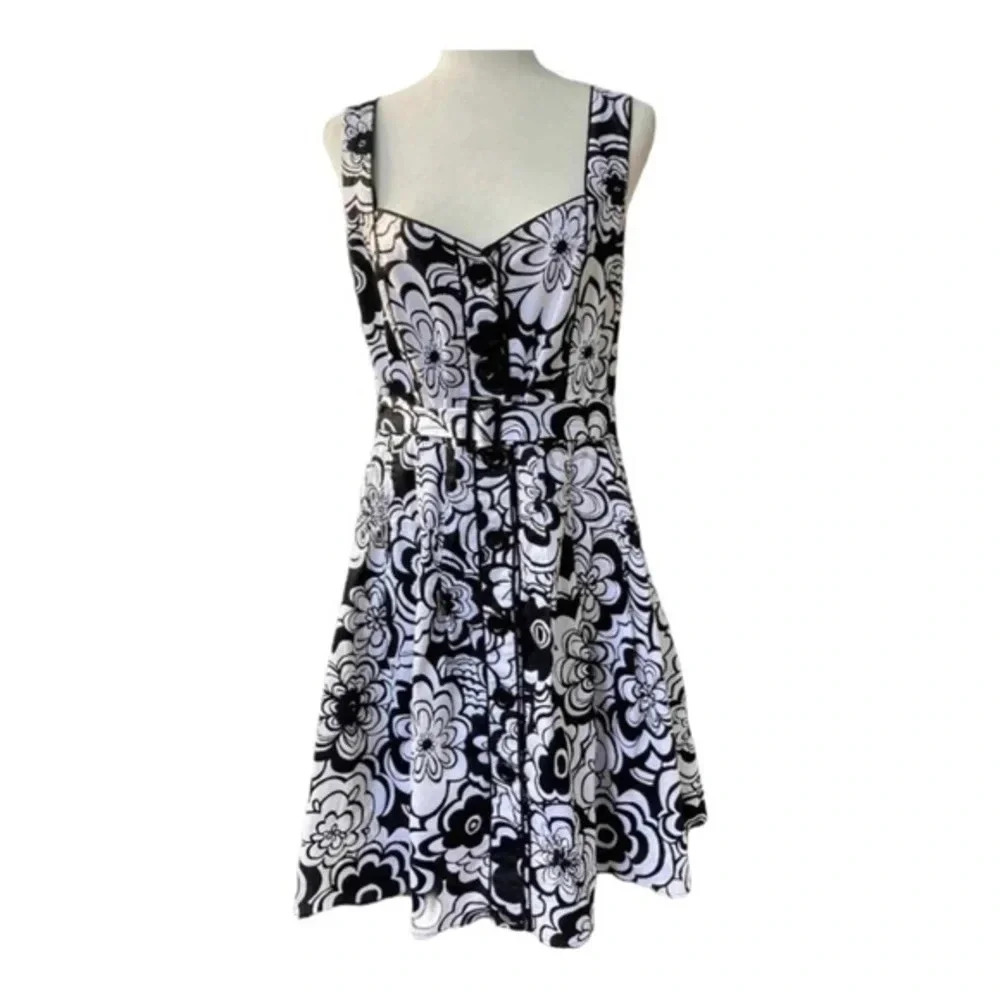Spense Womens Size 14 Black‎ and White Belted Fit and Flare Dress Floral Lined​​